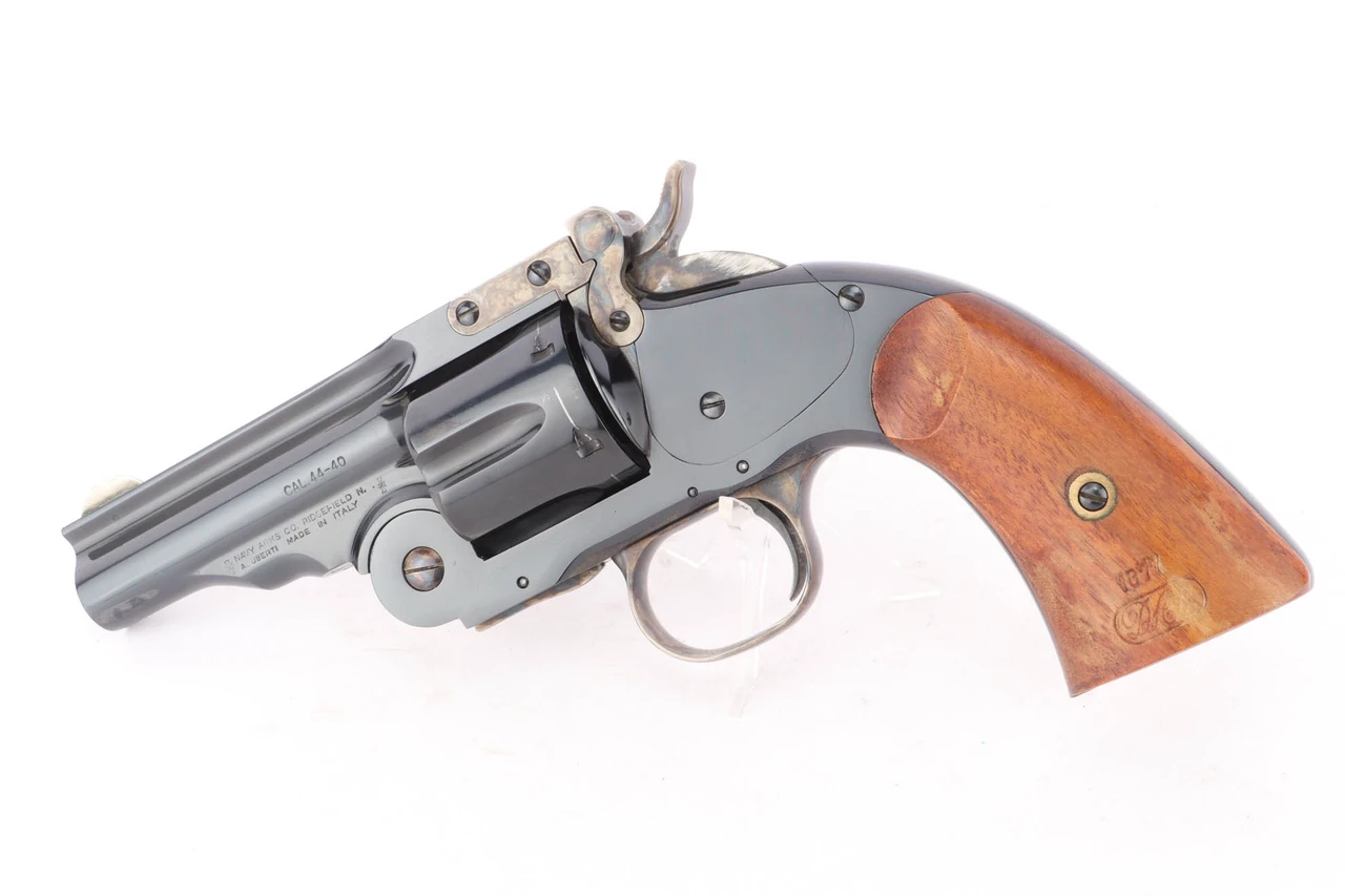 Navy Arms Schofield Hideout .44-40 revolver - left side view, 3.5 inch barrel and walnut grips