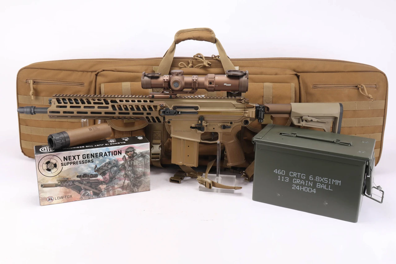 Sig MCX-Spear 6.8x51 - shown with case, suppressor box and ammo can