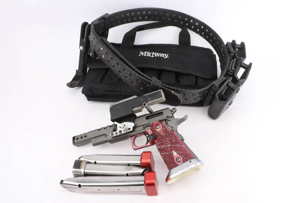 Custom STI 2011 Open race gun 9mm - shown with holster, belt, magazine pouches and magazines