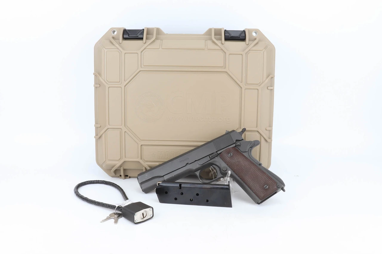 1944 Remington Rand Model 1911A1 .45 ACP CMP pistol - shown with CMP hard case, lock and magazine