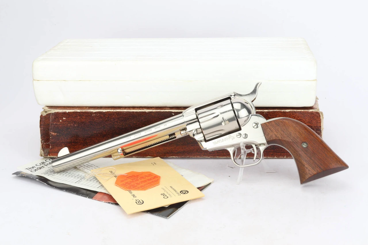 1978 nickel Colt Single Action Army 7.5 inch .45 Colt - shown with original box and paperwork