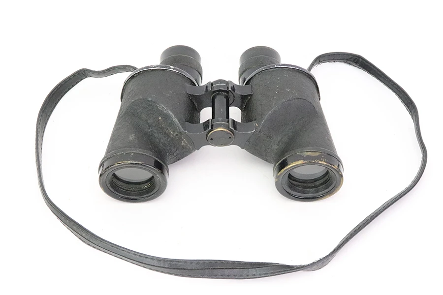 1944 Canadian REL 6x30 binoculars - front view with leather neck strap