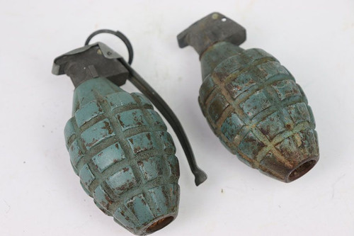 Two Original U.S. WWII Pineapple Training Grenades with M10A3 Fuze - 1