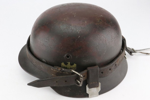 M40 Single Decal German Army Helmet - With Leather Carrying Harness - 1