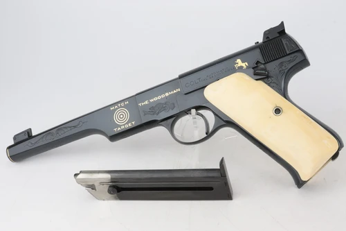 Engraved 1940 Colt Woodsman Match Target rig - left side with magazine