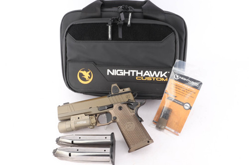 2025 Nighthawk Custom Sand Hawk 9mm pistol - complete package with Nighthawk case, two magazines and IOS plate kit