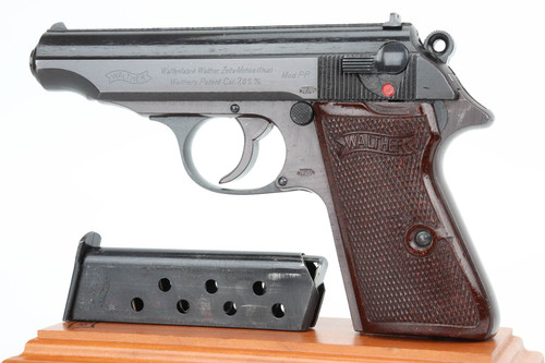1943 Waffen Walther PP 7.65mm - left side view with red bakelite grips and wartime magazine