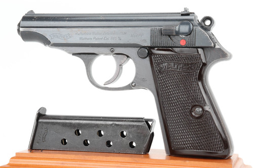 1944 Waffen Walther PP 7.65mm - left side view with dark brown grips and wartime magazine