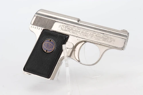 Nickel engraved Walther Model 9 6.35mm - right side profile showing engraved slide