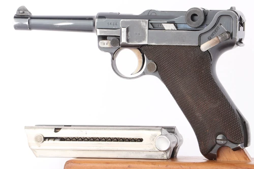 1936 Mauser Luger rig - left side view with checkered wood grips and magazine