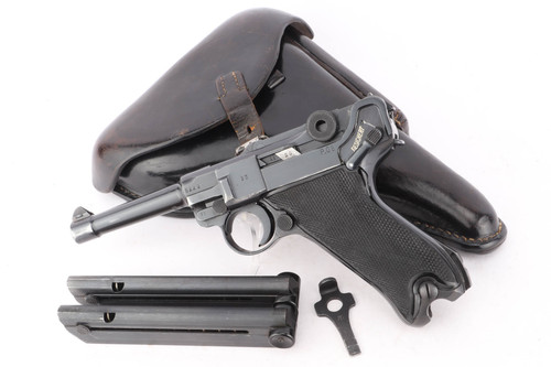 1941 BYF 41 Black Widow Mauser Luger 9mm - shown as a rig with holster, magazines and tool