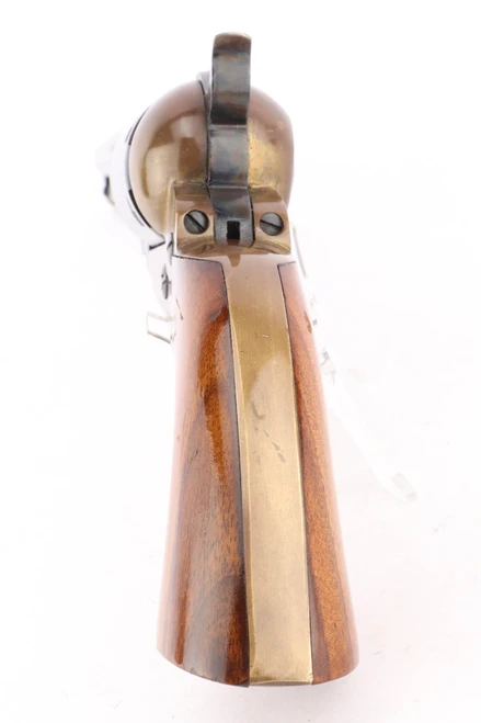 1970 Hawes 1851 Navy .36 cal black powder revolver - rear view of brass grip straps and wood grips