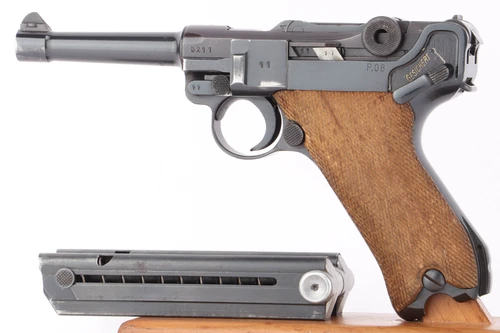 BYF 42 Mauser Luger 9mm - left side view with magazine and blonde wood grips