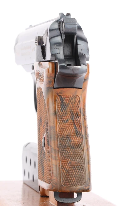 Inscribed 1933 commercial Walther PPK - back strap and brown Walther grip, rear view