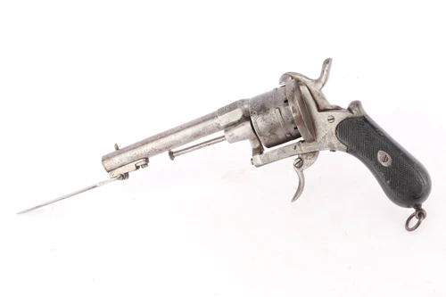 Antique Spanish Pinfire Revolver w/ Folding Bayonet - Left Side with Bayonet Extended