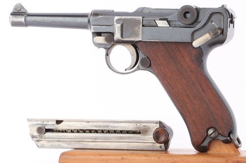 1908 DWM Bulgarian Contract Luger 9mm pistol - left side view with wood bottom magazine