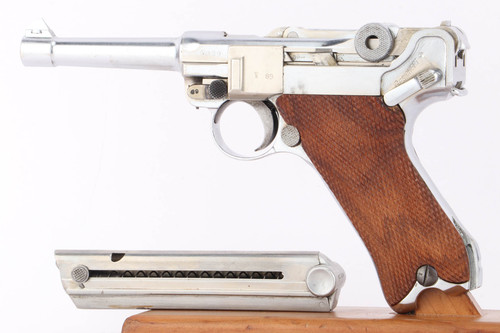 Weimar-Era Simson Luger 9mm pistol - left side view with nickel finish and magazine