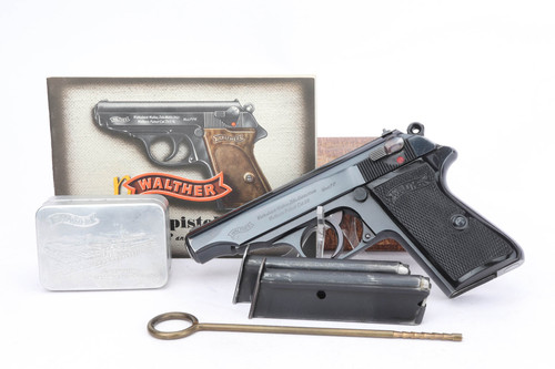 Boxed 1938 .22 Walther PP with original box, two magazines, cleaning tin, cleaning rod and brochure
