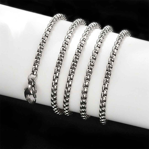 304 Stainless Steel 60cm Box Chain wrapped around white tube with black background