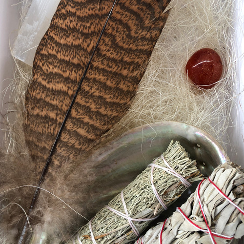 Complete Smudging Kit - Carnelian, Selenite, White Sage, Mugwort, Abalone Shell, Feather in gift box