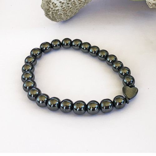 Hematite 8mm Bead and Heart Bead Bracelet