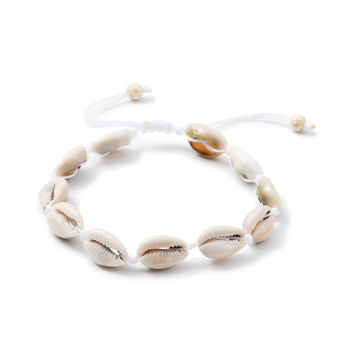 Cowrie Shell Adjustable Braided Anklet - white cord with howlite bead on white background