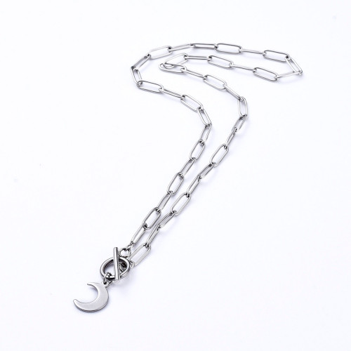 Cable Chain Toggle Necklace with Moon Charm on white background