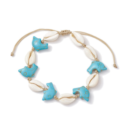 Cowrie Shell and Aqua Howlite Dolphin adjustable bracelet on a white background