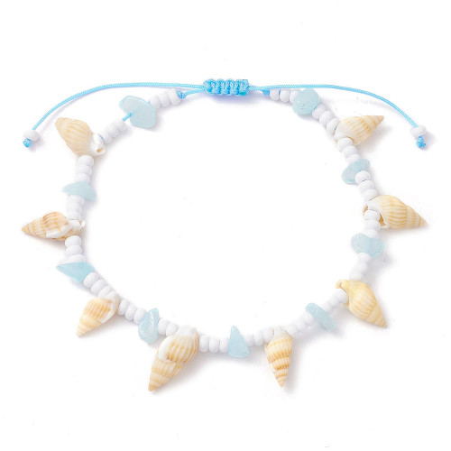 Adjustable aqua blue cord bracelet with trochid shell and jade chip beads on a white background