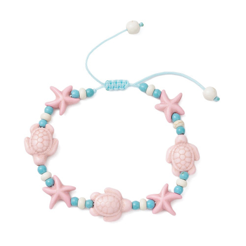 Pink Howlite Starfish Turtle on Blue cord. Braided Bracelet on white background