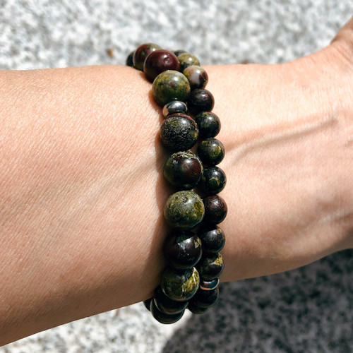 Dragon's Blood Jasper 8mm and 6mm bead bracelet on white background