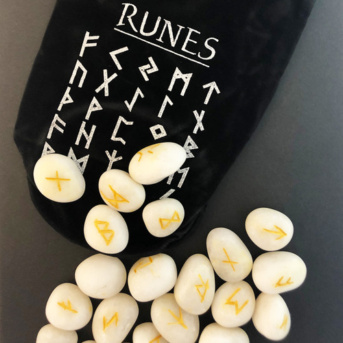 White Quartz Runes Set with Black Velvet Drawstring Bag