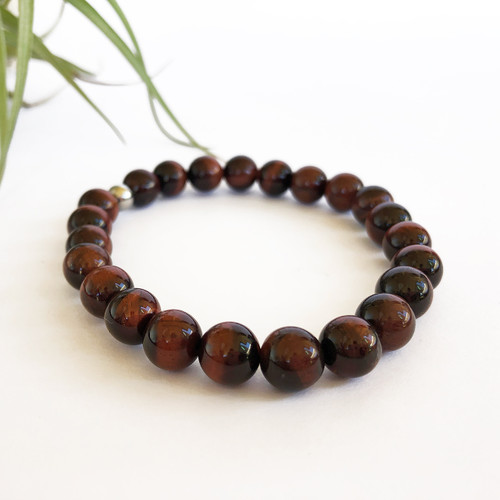 Red Tiger Eye 8mm Polished Bead Bracelet with Air Plant