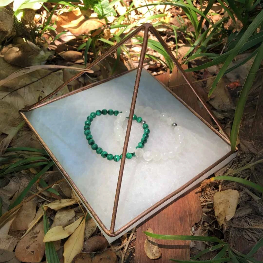 Copper Pyramid on Selenite Plate with Malachite and Quartz Bracelets