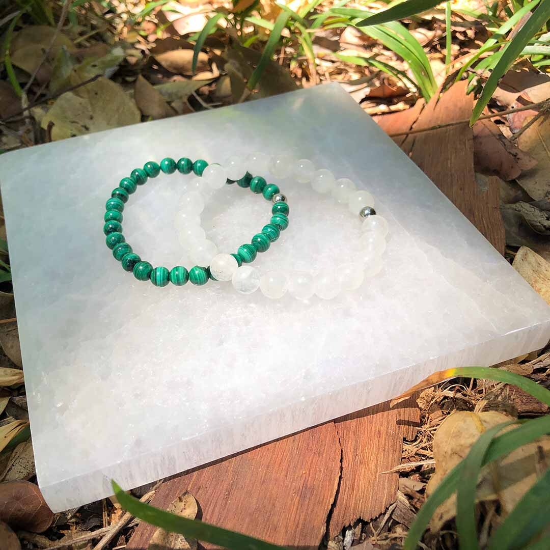 Malachite and Quartz bracelets on selenite plate