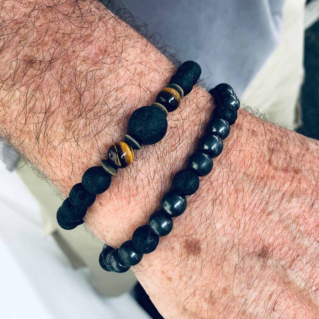 Lava Stone and Black Agate bracelet on wtist