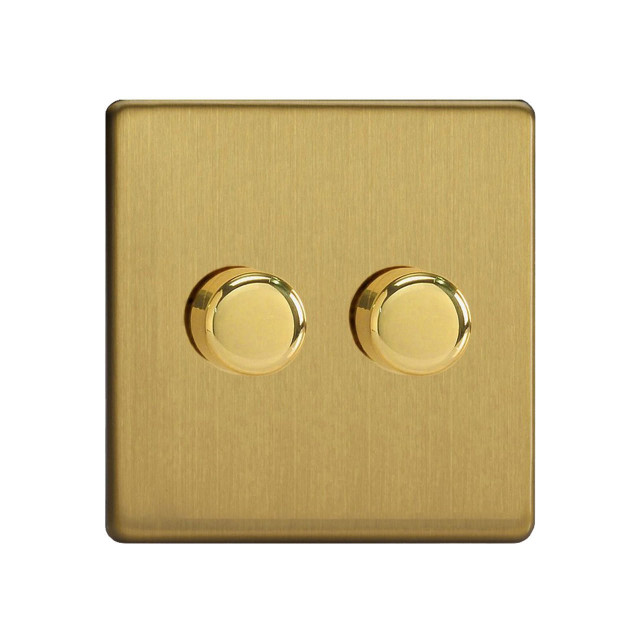 Varilight Screwless LED V-Pro 2 Gang Rotary Dimmer Switch Brushed Brass Main Image