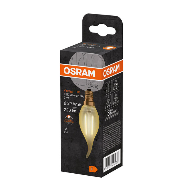 Osram LED Filament Candle 2.5W E14 Vintage 1906 Flame Tip Extra Warm White Gold Image 4