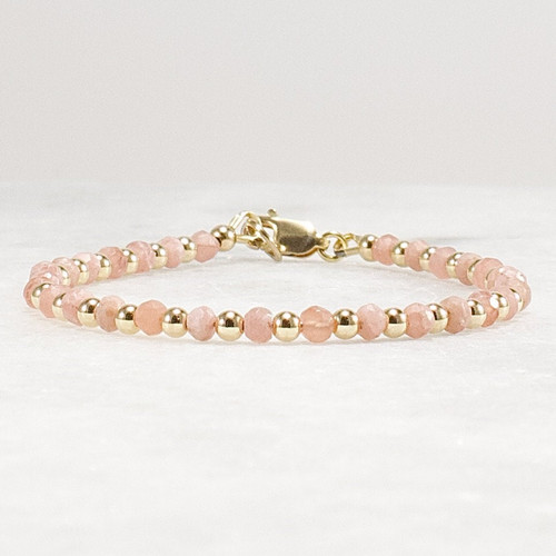 3.5mm Rhodochrosite Bracelet, Dainty Blush Gemstone, 14k Gold Filled