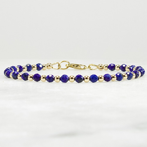 Lapis Lazuli & 14k Gold Filled Beaded Bracelet – 3.5mm Faceted Lapis, 3mm Gold Beads