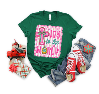 Joy to the World” in playful fonts with candy cane border, globe icon, and oversized bow