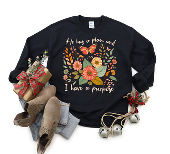 “He Has a Plan and I Have a Purpose” text with floral and butterfly design