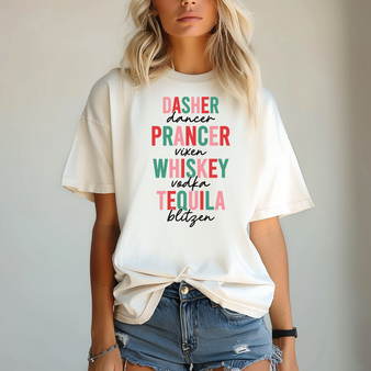 Printed graphic: reindeer names with a boozy twist