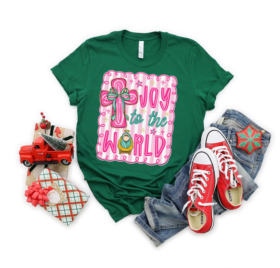 Joy to the World” in playful fonts with candy cane border, globe icon, and oversized bow