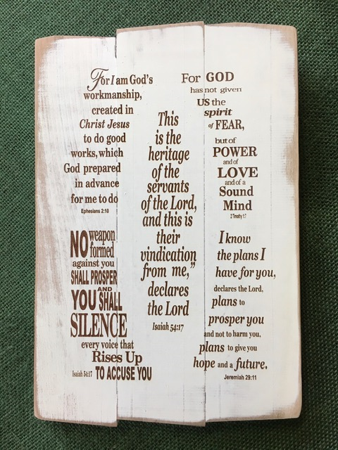 Heritage Plaque includes the following verses:

Eph 2:10,

Isaiah 54:17

1 Timothy 1:7

Jeremiah 29:11

7.5" x 11" plaque available in white distressed wood, comes ready to hang