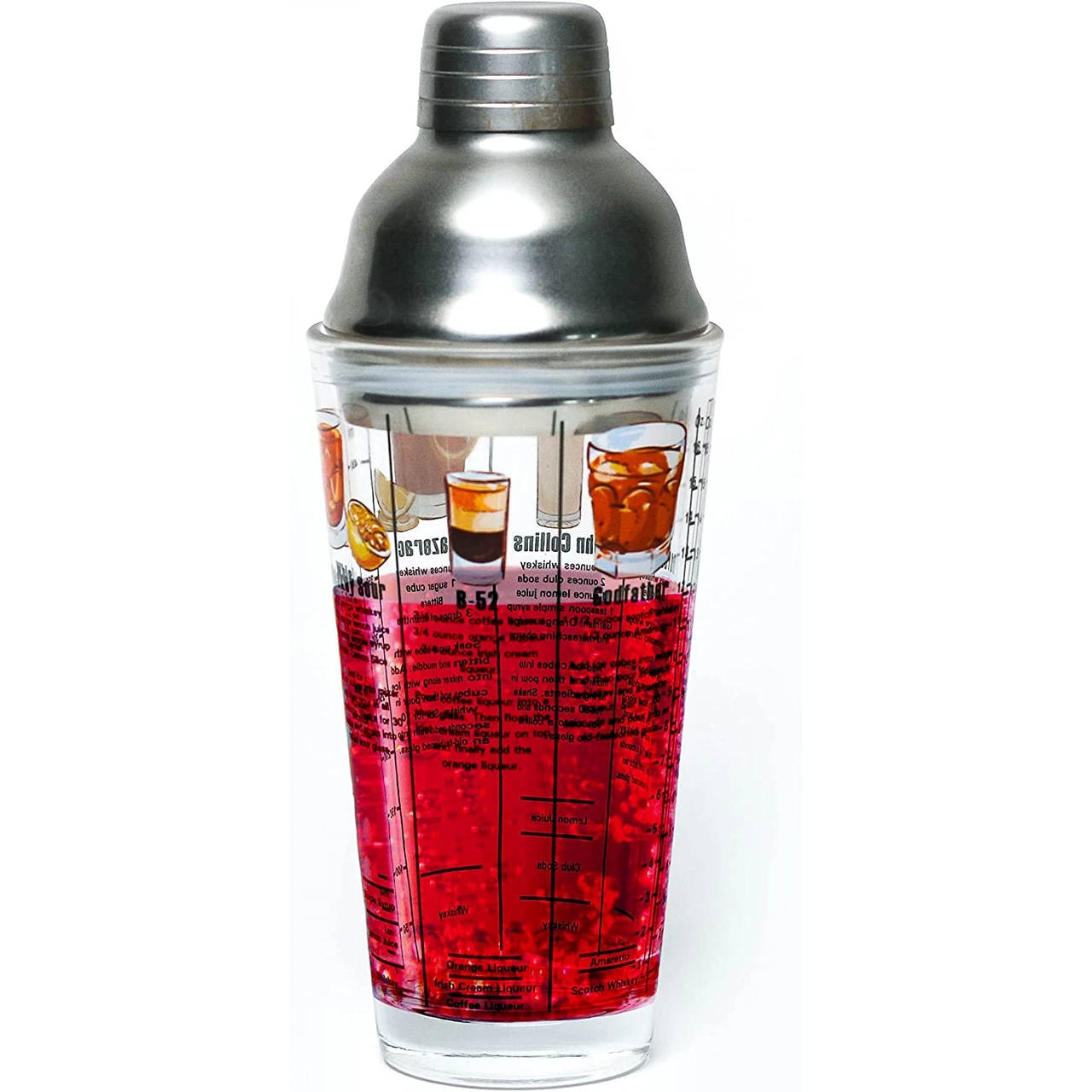 14 oz Recipe Glass Cocktail Shaker With Jigger & Strainer Top Includes 6 Cocktail Drink Recipes (Wine Theme)
