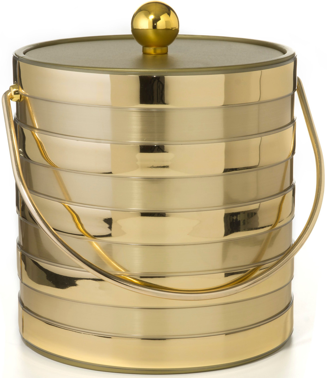 Metallic Deco Collection Hand Made In USA Matte/Shiny Brushed Gold Stripes Double Walled 3-Quart Insulated Ice Bucket With Ice Tongs 
