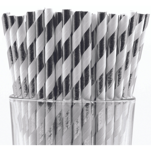 Pack of 150 Silver Foil Swirls Biodegradable 4Ply Paper Drinking Straws (Compostable, Nontoxic, BPAfree)