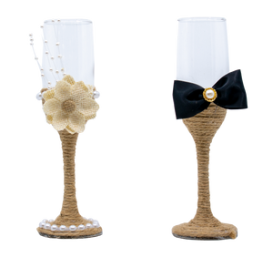 Natural Jute Twine Wedding Dress & Tuxedo  Bride and Groom Wedding Glass Champagne Flutes (Set of 2)