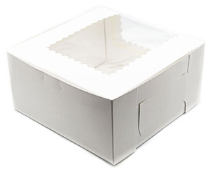 Made in USA 8" X 8" X 4" Recycled White Kraft Cake Box with Scalloped Window & 8" Round Cake Boards (Pack of 10  Front Loading)
